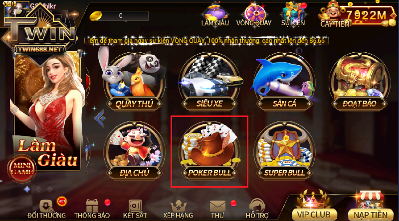 Giao diện Poker Bull tại Twin68