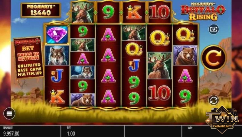 Giao diện chính của Buffalo rising megaways slot với các biểu tượng khác nhau