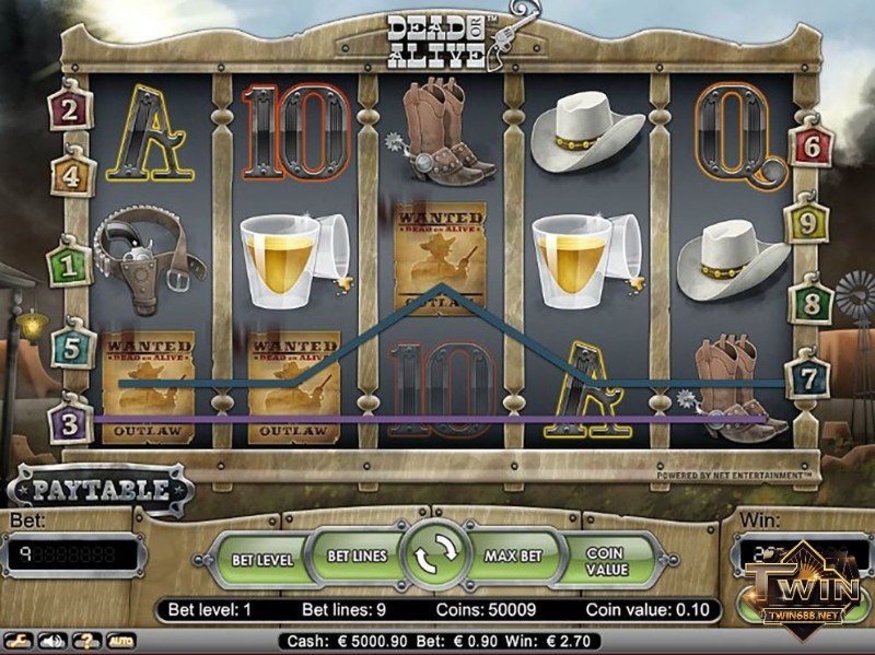 Giao diện chính của trò chơi Dead or alive slot với các biểu tượng đặc trưng khác nhau 